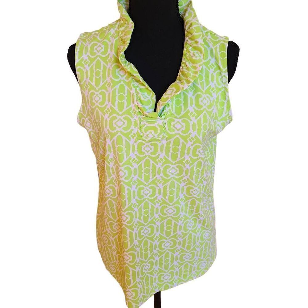Sunsets and Sweet Tea UPF Green White Print Sleeveless Ruffle Collar Top Medium